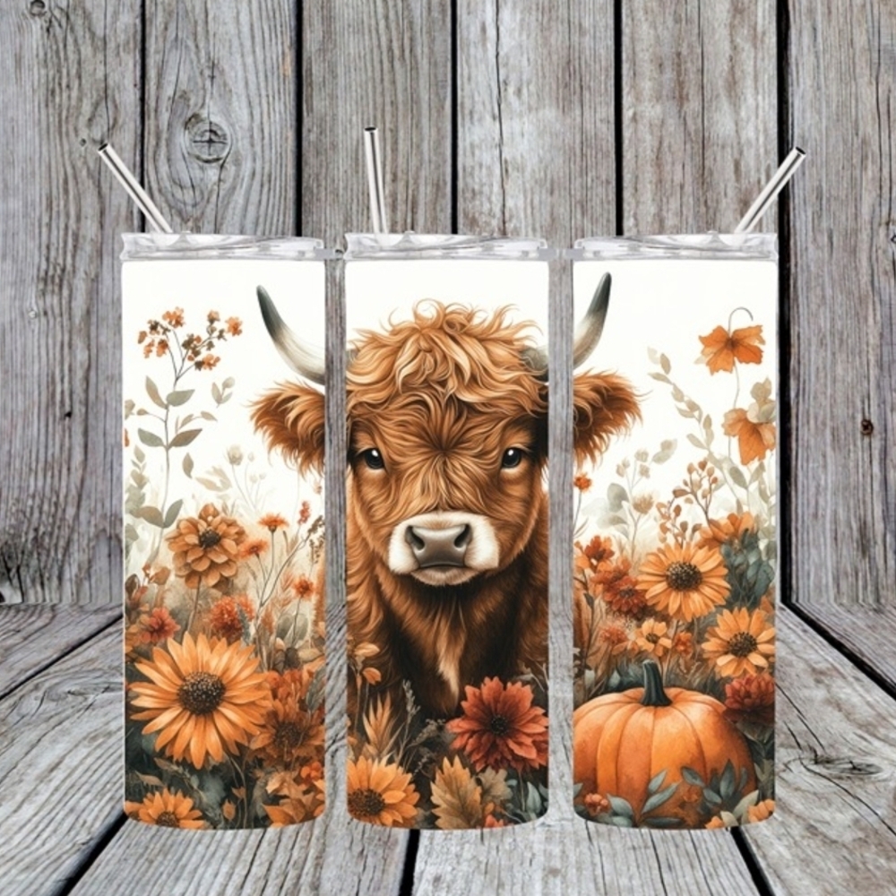 Floral Highland Cow Tumbler